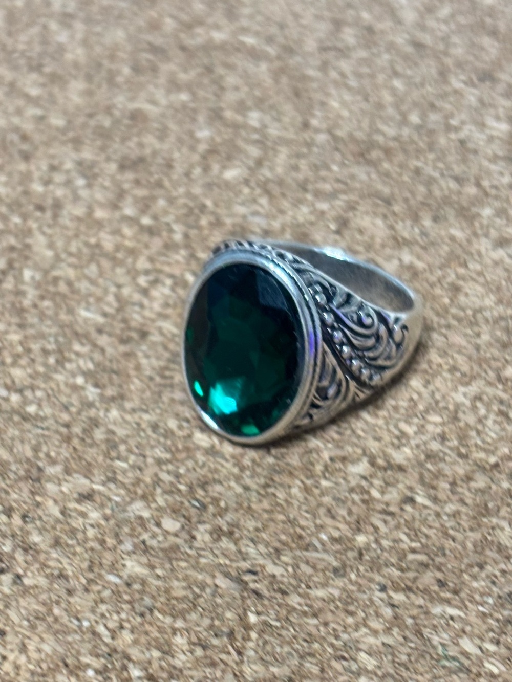 Silver Ring with Emerald Green Stone - Classic Statement Vintage Goth Unisex